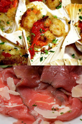 antipasti menù cresime autunno 2019 - capesante gratinata e carpaccio di carne salada